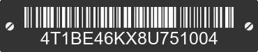 2008 TOYOTA Camry 4T1BE46KX8U751004 VIN decoded